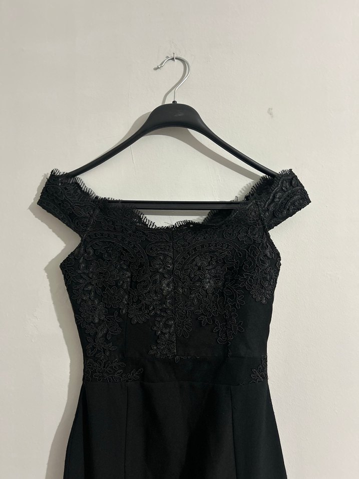 Siyah Uzun Drapeli Dantelli Kadın Abiye Elbise - Görsel 2