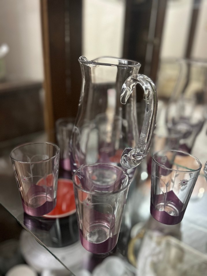Mor Detaylı Cam Sürahi ve Bardak Seti - Görsel 2