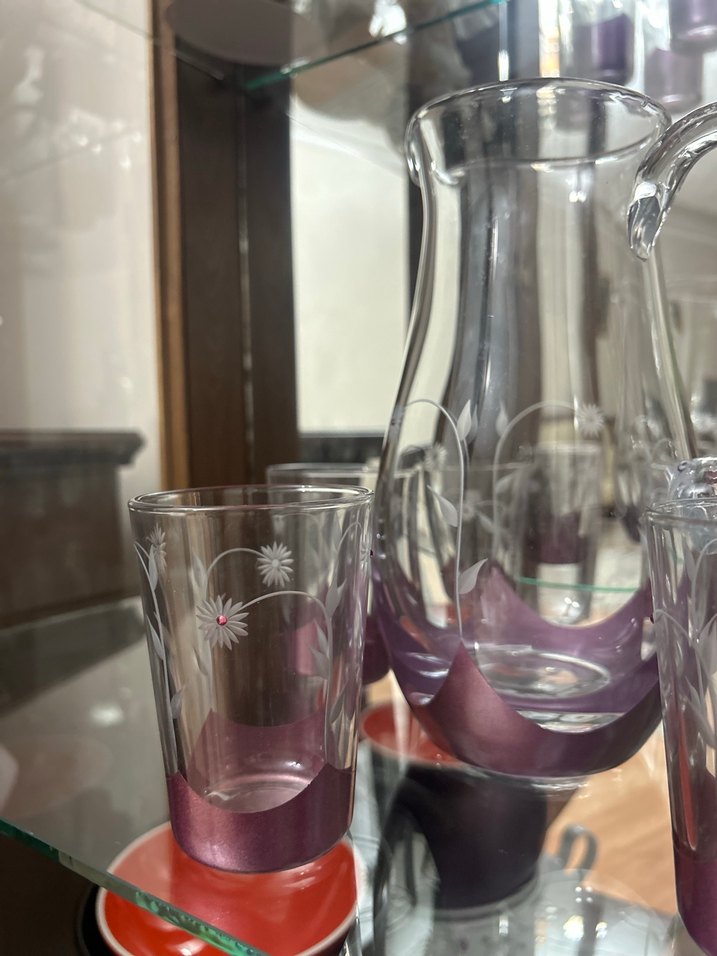 Mor Detaylı Cam Sürahi ve Bardak Seti - Görsel 4