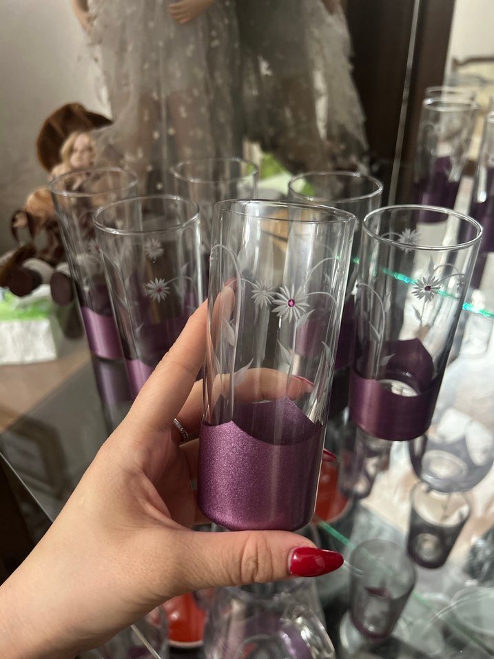 Koyu Mor Çiçek Desenli Cam Bardak Seti - Görsel 3