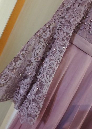 Dantel Detaylı Uzun Mor Abiye Elbise - Görsel 4