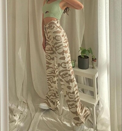 26 Beden kahverengi Renk bej zebra wide leg jean