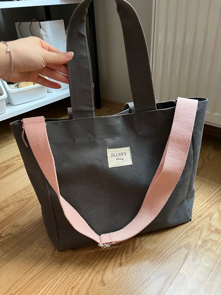 Fluffy Omuz/Kol Çantası Gri Kanvas Mumlu Çanta - Görsel 2