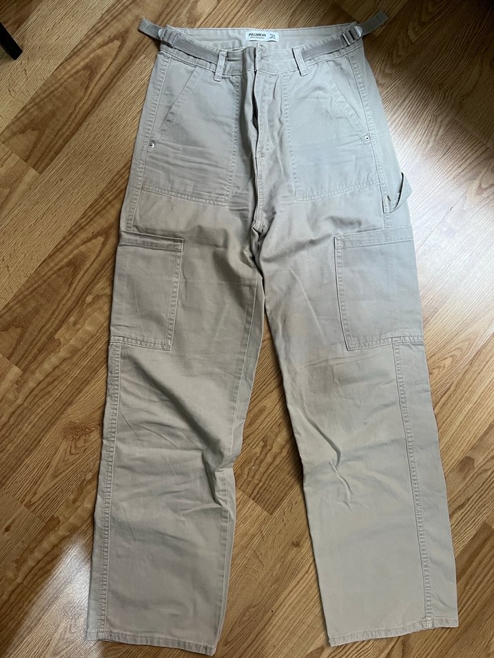 Pull&Bear Düz Paça Kargo Bej Jean - Görsel 2