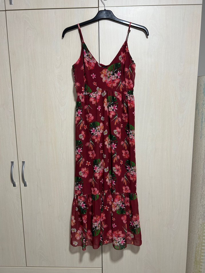 Bordo Çiçek Desenli Uzun Askılı Bohem Elbise - Görsel 2