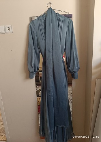 Gri Uzun Kollu Vintage Kadın Abiye Elbise - Görsel 5