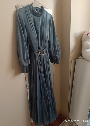 Gri Uzun Kollu Vintage Kadın Abiye Elbise - Görsel 6