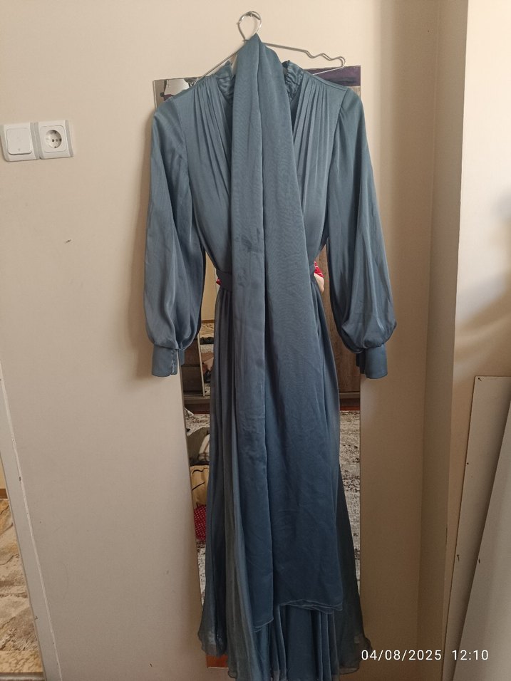 Gri Uzun Kollu Vintage Kadın Abiye Elbise - Görsel 5