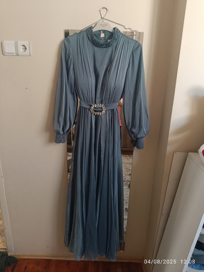 Gri Uzun Kollu Vintage Kadın Abiye Elbise - Görsel 2