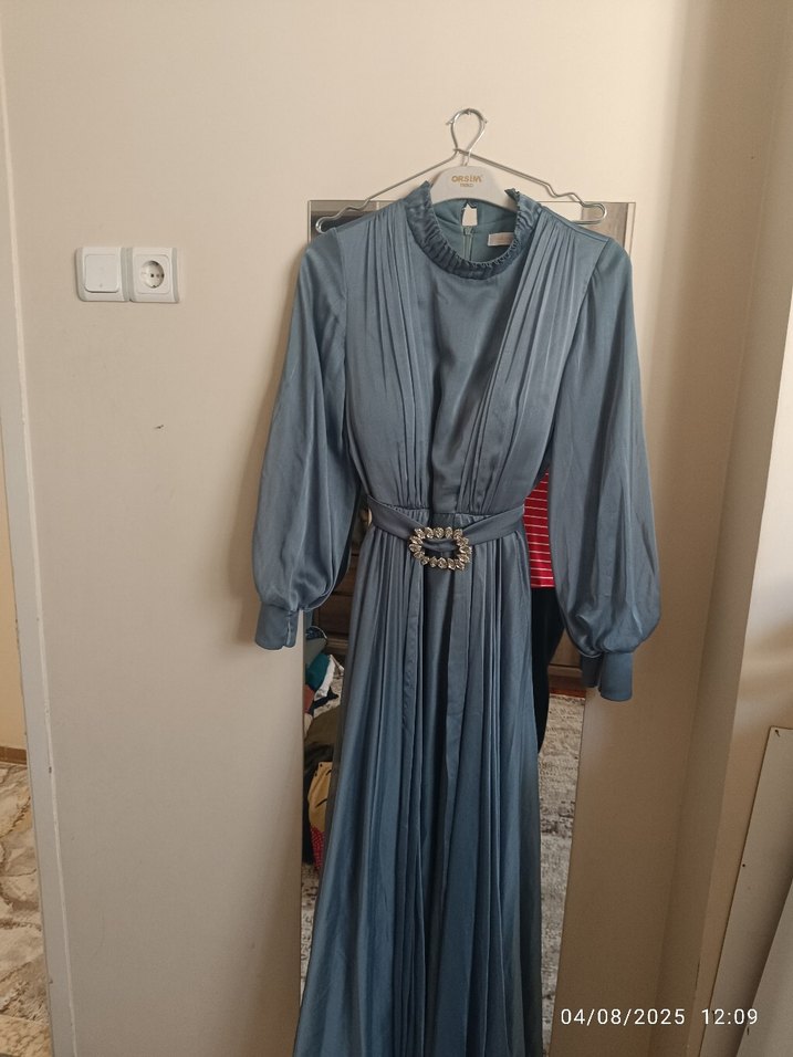 Gri Uzun Kollu Vintage Kadın Abiye Elbise - Görsel 3