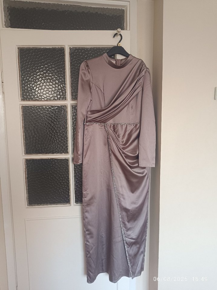 Bej Drapeli Uzun Abiye Elbise - Görsel 5