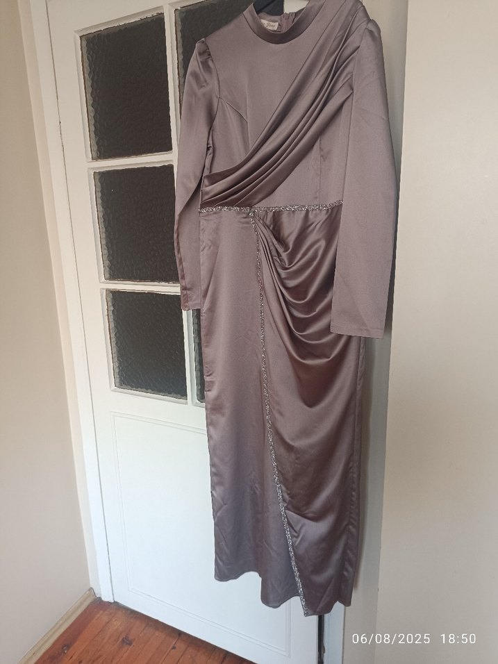 Bej Drapeli Uzun Abiye Elbise - Görsel 2