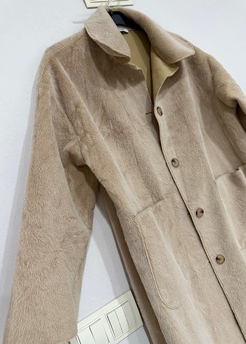 Bej Süet Kadın Uzun Düğmeli Kaban - Görsel 2