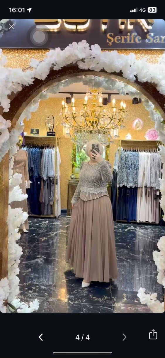 Nakışlı Uzun Kollu Bej Abiye Elbise - Görsel 3