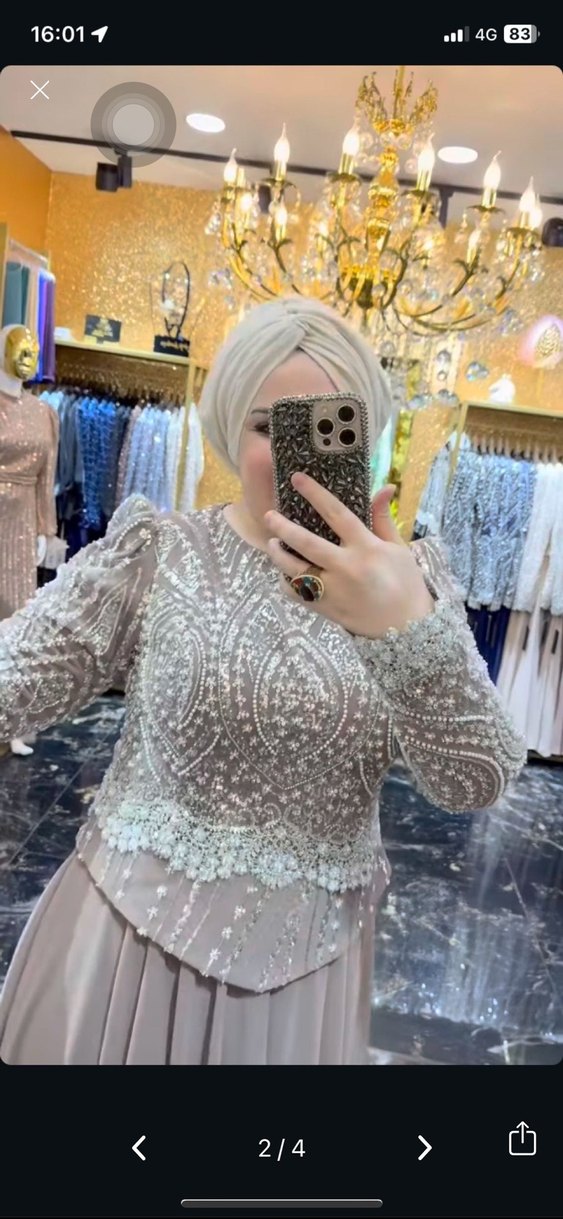 Nakışlı Uzun Kollu Bej Abiye Elbise - Görsel 2