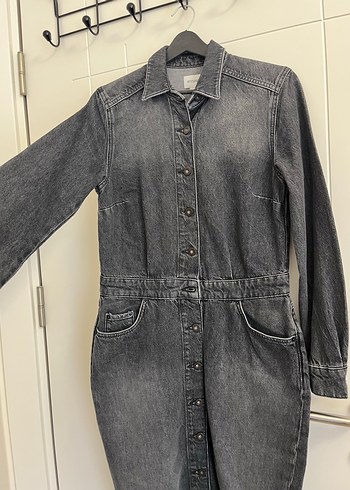 Gri Uzun Kollu Kadın Denim elbise
