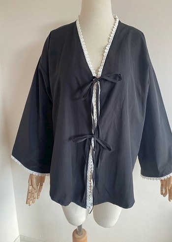 Dantel Detaylı Siyah Bohem Kadın Kimono