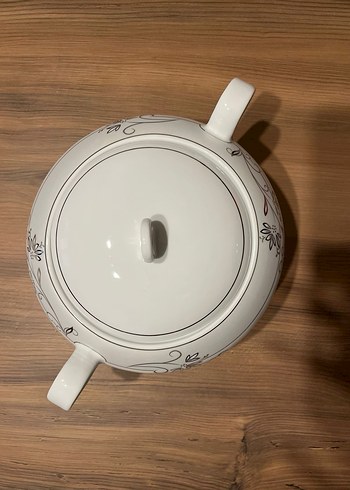 Beyaz Gri Desenli Porselen Çorba Tenceresi - Görsel 2