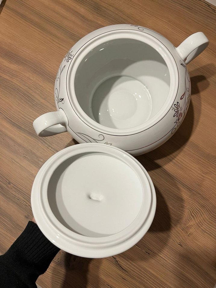 Beyaz Gri Desenli Porselen Çorba Tenceresi - Görsel 3