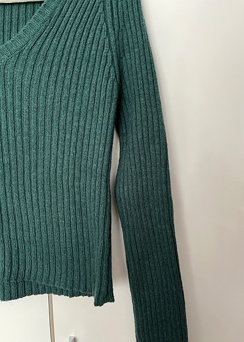 Yeşil V Yakalı Fitilli Triko Kazak - Görsel 4