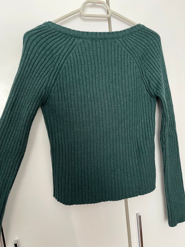 Yeşil V Yakalı Fitilli Triko Kazak - Görsel 5