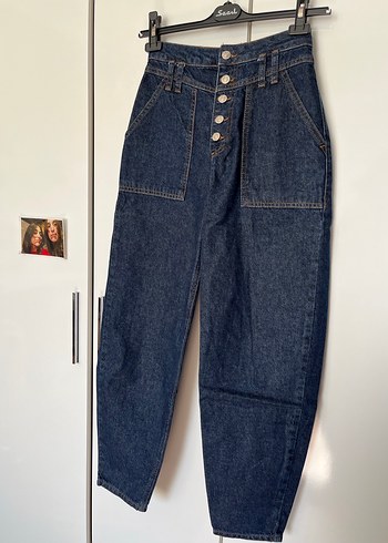 Düğmeli Lacivert Kadın mom jean - Görsel 7