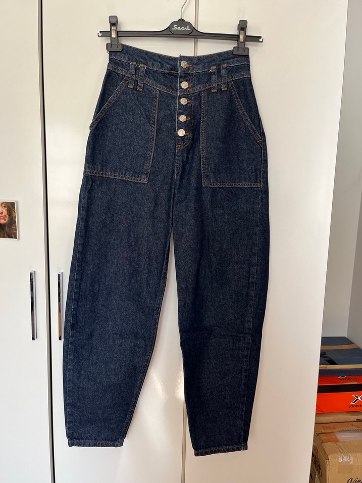 Düğmeli Lacivert Kadın mom jean - Görsel 2