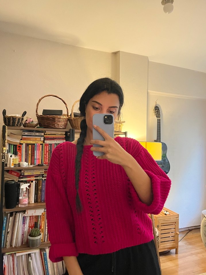 Pembe Yüksek Yaka Örgü Kadın Kazak - Görsel 2