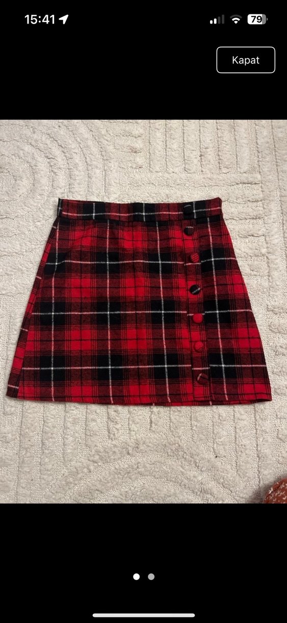 Düğmeli Kırmızı Ekose Midi Etek - Görsel 2