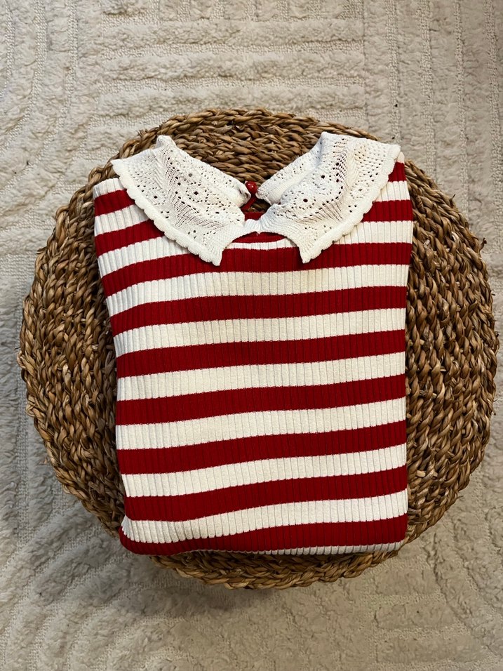Kırmızı Çizgili Yakalı Triko Kazak - Görsel 3
