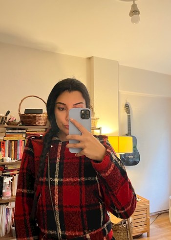 Kırmızı Ekose Desenli Yüksek Yakalı Kadın Kaban - Görsel 2