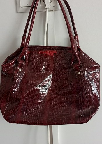 Parlak Bordo Yılan Desenli Deri Kadın Çanta - Görsel 2