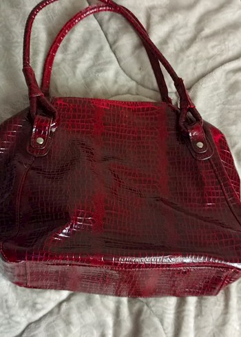 Parlak Bordo Yılan Desenli Deri Kadın Çanta - Görsel 3