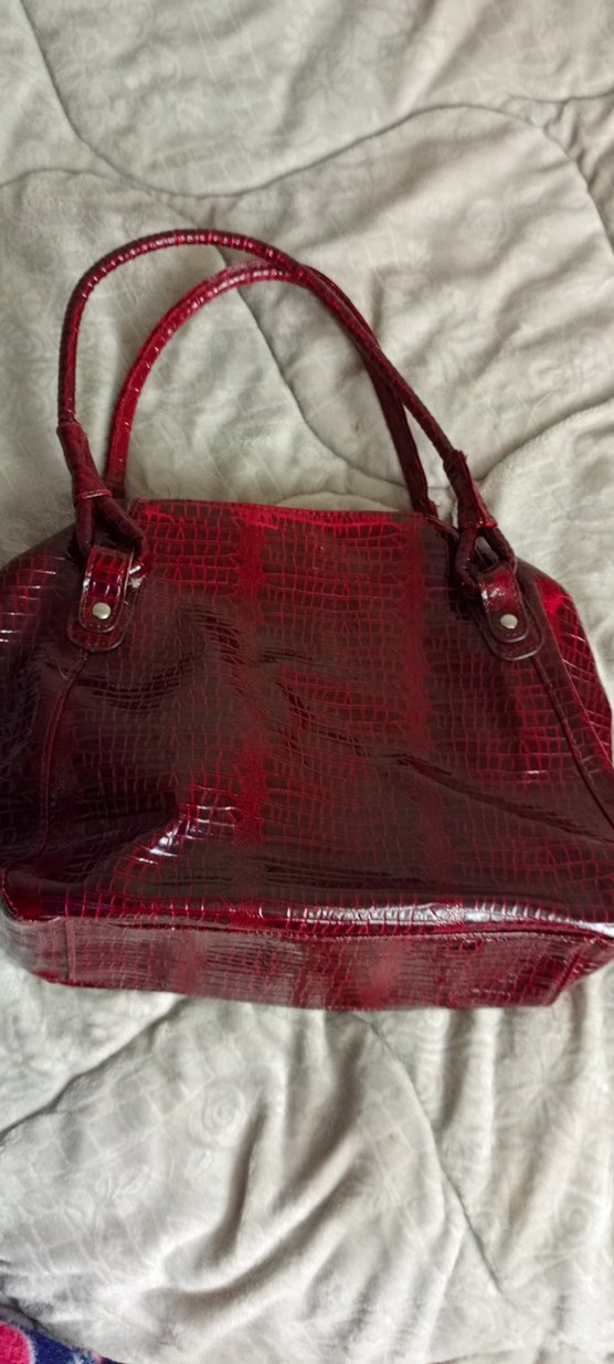 Parlak Bordo Yılan Desenli Deri Kadın Çanta - Görsel 3
