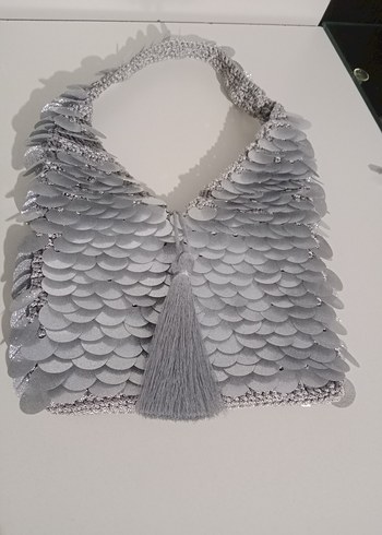 Gri Nakışlı Püsküllü Örgü Kadın Çanta