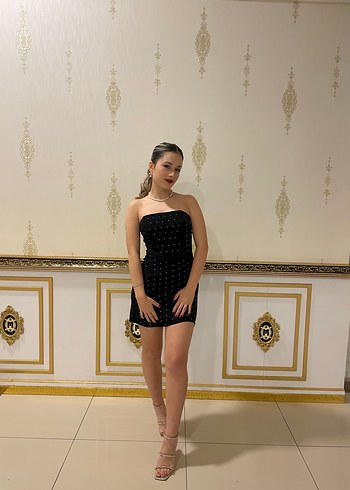 Siyah Mini Straplez Payetli Elbise - Görsel 2