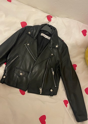 Siyah Deri Kadın Biker Ceket