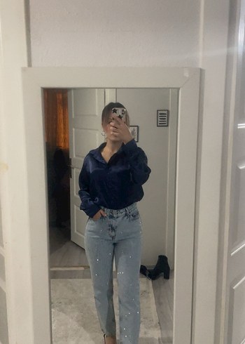 m Beden gri Renk Kadın Gri Paçaları Payetli Bol Kesim Denim Jean