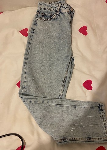 Kadın Gri Paçaları Payetli Bol Kesim Denim Jean