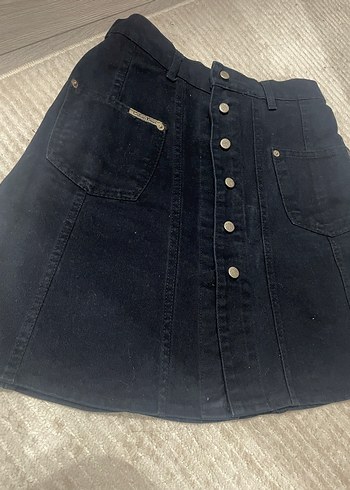 Düğmeli Siyah Midi Kot Etek - Görsel 2