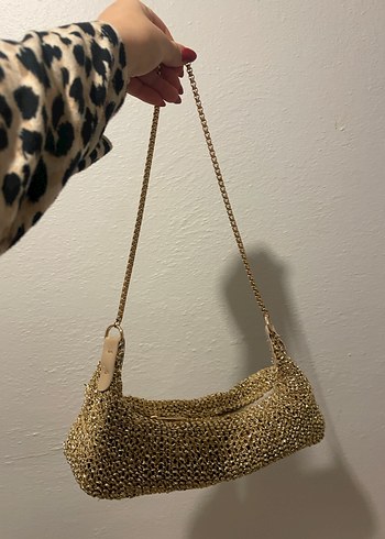 Zincir Detaylı Altın Rengi Örgü Kadın Çanta - Görsel 2