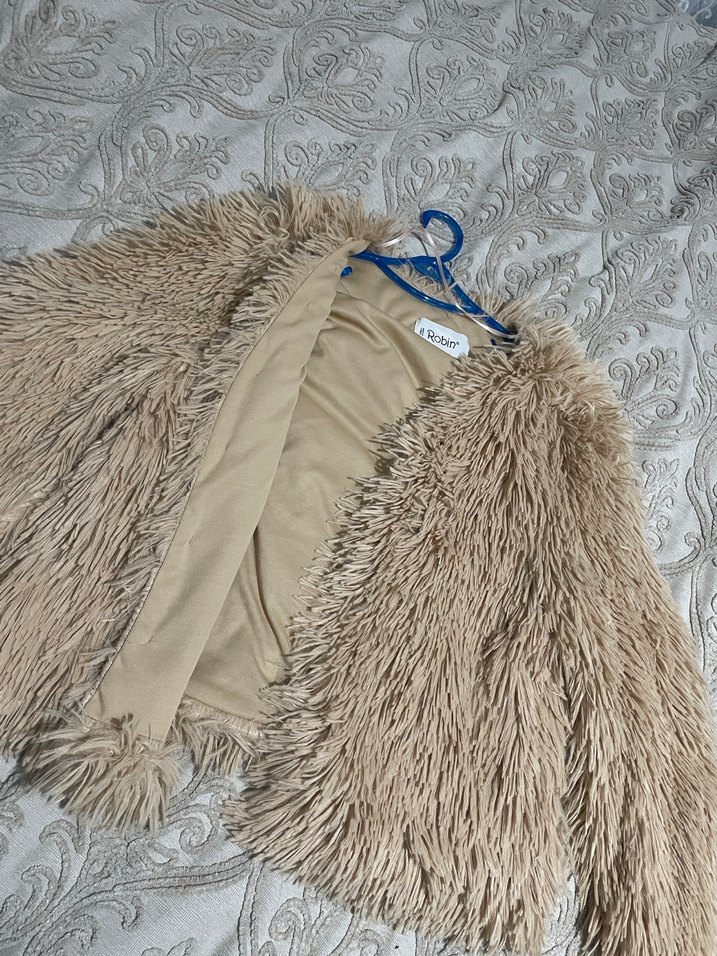 Bej Uzun Kollu Bohem Kadın Kürk Ceket - Görsel 2