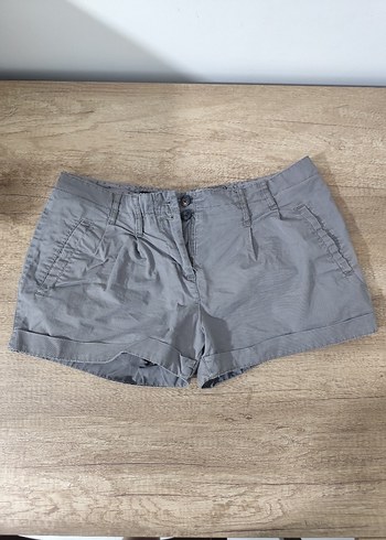 gri çift düğme keten mini cepli şort rahat kesim