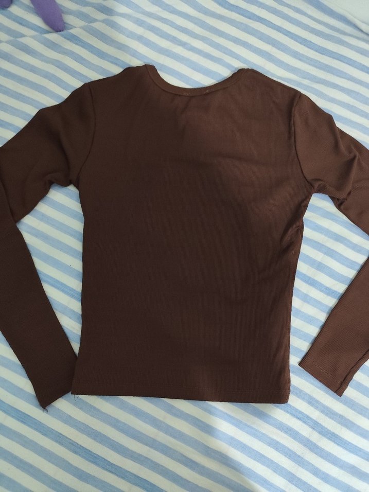 kahverengi fitilli Uzun Kollu Basic kadın body - Görsel 4