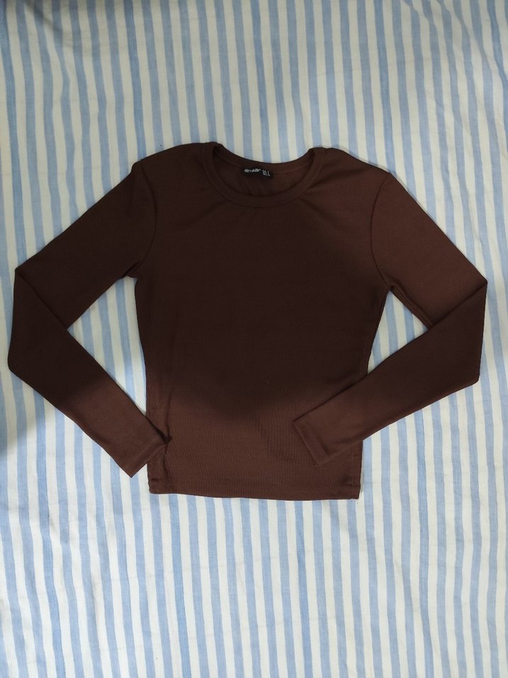 kahverengi fitilli Uzun Kollu Basic kadın body - Görsel 3