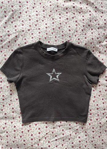 gri yildiz desenli crop top kısa kollu üst - Görsel 2