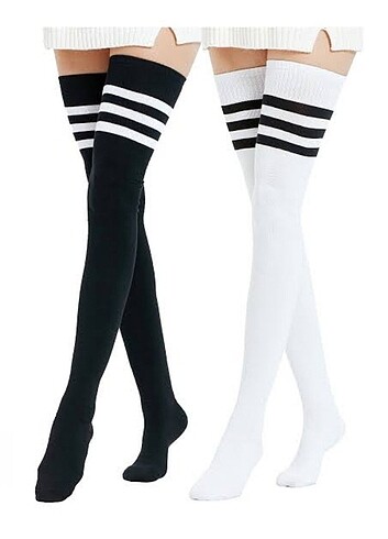 beyaz çizgili siyah çorap diz üstü anime cosplay