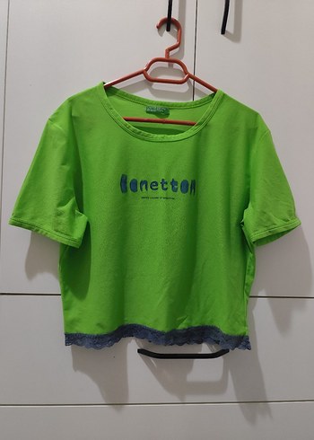 yeşil united colors of benetton baskılı bol dantelli crop tişört - Görsel 6