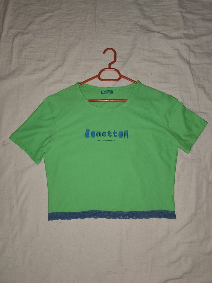 yeşil united colors of benetton baskılı bol dantelli crop tişört - Görsel 4