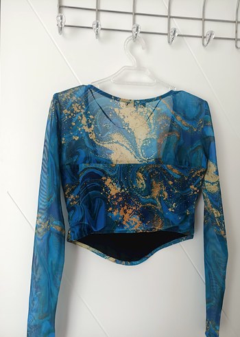 Mavi V Yakalı Drapeli Mini Bluz - Görsel 3